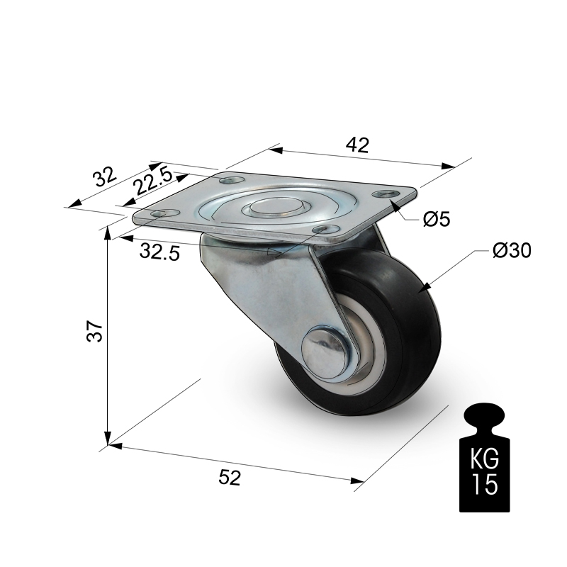 INDUSTRIAL CASTER D.30/H.37/15Kg